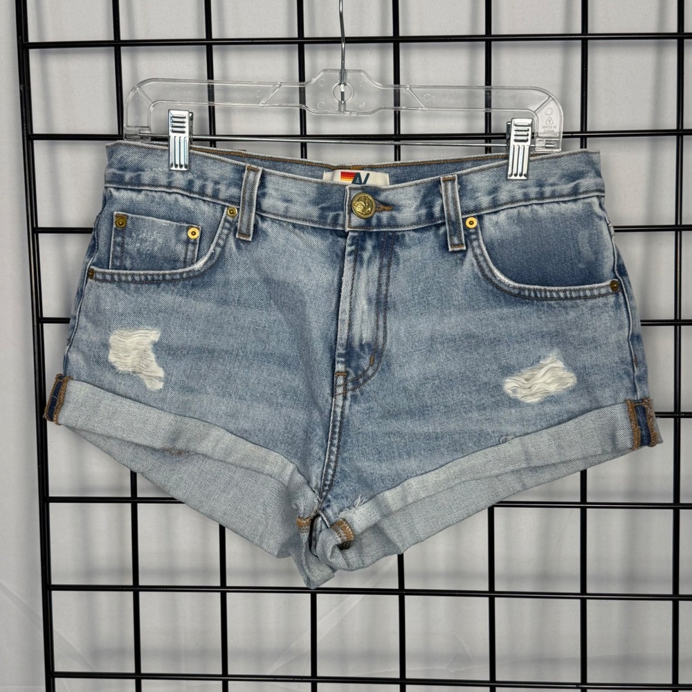 Aviator Nation Denim Shorts Women 28 Light Blue Rainbow Distressed Cuffed Beach - Picture 2 of 11